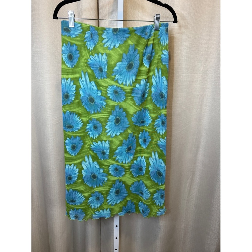 Forever 21 Womens Blue Daisy Floral Mesh Midi Skirt Lime Green Lettuce Hem L - Picture 5 of 5